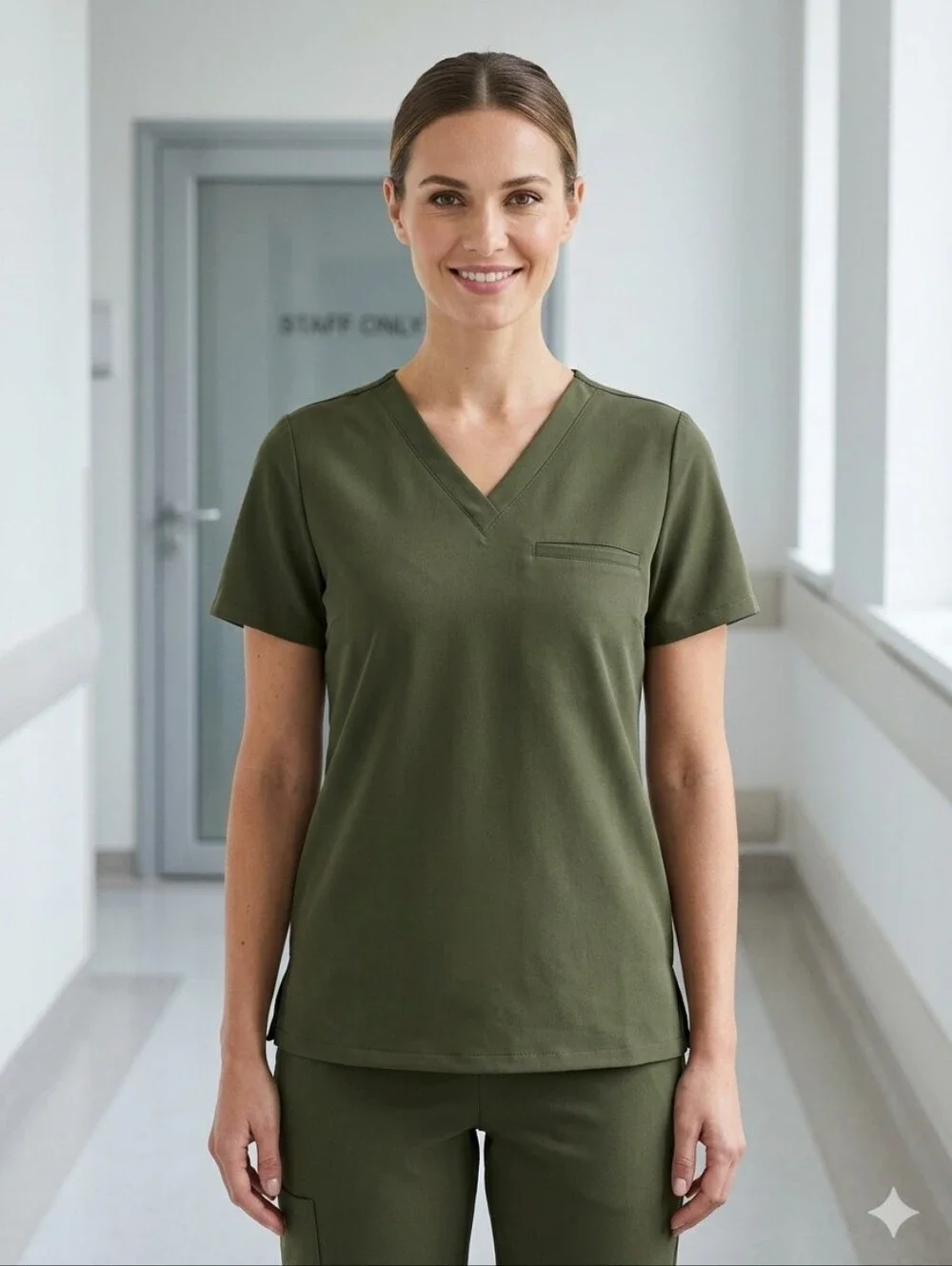 Mandala Scrubs - One Pocket V-Neck Scrub Top - Olive - Picture 1 of 5